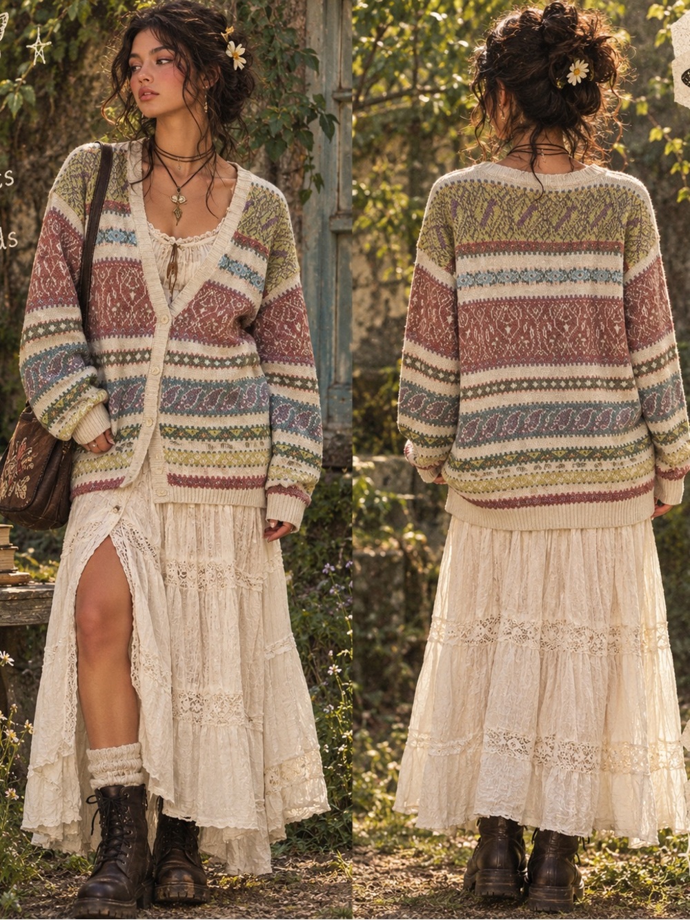 Cream Multicolor Fair Isle V-Neck Cottagecore Prairie Button Cardigan Medium